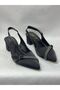 Ll2707 large size satin material strip stone embroidered back open heel shoe black