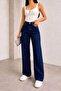 Dark Blue Lycra Super High Waist Palazzo Loose Jean Trousers - 4