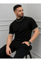 Men's Ribbed Knit Woven Short Sleeve T-Shirt Half-Throat Modern Summer T-Shirt - Black