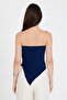 Navy Blue Strapless Asymmetrical Cut Side Ruched Detailed Crop Blouse Women's Stylish Bustier, Navy Blue Bustier - 6