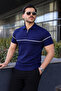 Men's Casual Striped Zippered Knitwear Navy Blue Polo Neck T-Shirt - 2