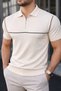 Men's Casual Striped Zippered Knitwear Cream Polo Neck T-Shirt - 4