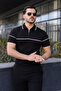 Men's Casual Striped Zippered Knitwear Black Polo Neck T-Shirt
