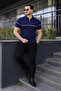Men's Casual Striped Zippered Knitwear Navy Blue Polo Neck T-Shirt - 5