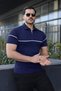 Men's Casual Striped Zippered Knitwear Navy Blue Polo Neck T-Shirt
