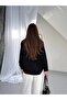 Black Oversize Poblin Fabric Women's Shirt with Scarf - 5