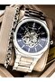 Automatic (Battery-Free) Men's Wristwatch, Silver Steel Band, Functional, Navy Blue Dial, Chain Bracelet - 3