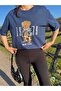 Teddy Bear Embroidered Navy Blue Short Sleeve Oversize Tshirt - 6