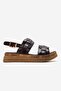 Elvoro Brown Genuine Leather Women's Sandals with Knitted Straps - 4