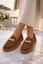 Brown Suede Women's Loafer Shoes – Gold Buckle Detail, Casual, Stylish and Comfortable Flats