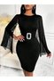 Women's Short Cape Sleeve Detailed Round Neck Buckle Short Crepe Dress - 5