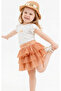 Girl's Smile Text Patterned Straw Hat and Tutu Skirt Brown Color Three-Piece Set - 4
