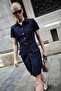 Button Detailed Belted Mini Dress Navy Blue - 4