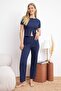 Lacivert %100 Pamuklu Baby Overloklu Fitilli Hırkalı Örme Pijama Takımı THMSS26PT00028 - 3
