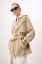 Bej Çizgili Astar Detaylı Kruvaze Kapama Midi Trençkot TWOSS26TR00005 - 4