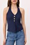 Navy Blue Fitted Tweed Fabric Floral Button Accent Piece Crop Knitted Vest Twoss25Ye00081 - 3