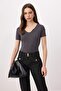 Anthracite Plain Fitted Cropped Collar Standard Sleeve Crop Cotton Ribbed Knitted T-Shirt Twoss26Ts00203 - 2