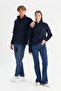 Men's Navy Blue Anti-pilling Non-pilling Standard Fit Bato Collar Cold-Proof Fleece Sweatshirt - 3