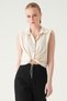 Beige Zero Sleeve Tie-Detail Shirt 251166 - 2