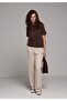 Boxy Fit Round Neck Plain Women's Brown Short Sleeve T-Shirt - 3