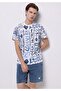 Regular Fit Round Neck Cotton Printed Men's Blue Short Sleeve T-Shirt