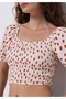 Slim Fit Square Neck Printed Women's Ecru Balloon Sleeve T-Shirt - 4
