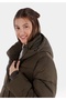 Regular Fit Hooded Zippered Lined Women's Green Coat - 4