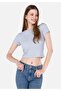 Slim Fit Round Neck Knitted Plain Women's Blue Short Sleeve T-Shirt