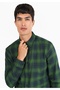 Slim Fit Shirt Neck Plaid Men's Green Long Sleeve Shirt - 4