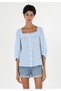 Regular Fit Square Collar Checked Women's Blue ¾ Sleeve Shirt - 4