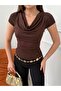 Women's Coffee Color Draped Collar Short Sleeve Stylish Blouse - 2