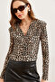 Women's Stone Black Double Breasted Neck Ribbed Stretchy Leopard Blouse Blz- 19002782