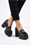 Women's Special Design Black Platform Heeled Loafer Shoes with Tassel Buckle - 2