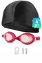 Swimming Goggles with Ear and Nose Plugs, Fabric Cap, Set of 4, Swimming Pool and Sea Goggles