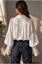 Romantic White Shirt Blouse with Ruched Balloon Sleeves and Ruffled Cuffs -Qeteen - 3