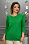 Women's Green Boat Neck Stretch Fabric % 100 Cotton Yarn Fine Knit Blouse