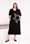 Women's Plus Size Black, Star Figured Stone Detailed, Pocketed Viscose Dress 65N39443 - 3