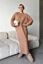 Women's Caramel Crew Neck Braided Midi Length Winter Knitwear Dress - 2