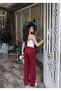Burgundy Leopard Patterned Women's Satin Wide Leg Trousers High Waist Elastic Waist - 2
