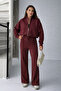 Zipper Collar Burgundy Pocketless Crop Women's Top and Bottom Set