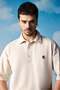 Men's Oversize Washed Rose Embroidered Polo Collar T-Shirt Beige - 4