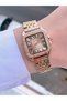 Women's Rose Gold Square Vintage Metal Cord Wristwatch - Elegant Stone Detailed Roman Numerals - 2