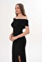 Women's Black Madonna Collar Gathered Slit Sandy Maxi Evening Dress - 4