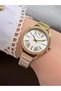 Women's Round Stone Bezel White Dial Gold Metal Band Wristwatch