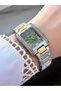 Rectangle Stone Green Dial Gold & Silver Metal Cord Women Wrist Watch