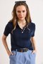 Women's Navy Blue Polo Collar Sleeve and Hem Wavy Cotton Knitwear Blouse Blz-19003285 - 2
