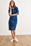 Women's Dark Blue Belted Pocketed Front Slit Midi Denim Dress Elb-19002611 - 5