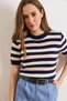 Women's Navy Blue Crew Neck Striped Seasonal Knitwear Blouse Blz-19003282 - 2