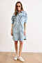 Women's Light Blue Buttoned Pocket Detailed Oversize Washed Denim Tunic Dress Elb-19002614 - 2