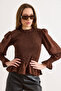 Women's Brown Collared Button Closure Modal Gipe Detailed Blouse Blz-19003279 - 3